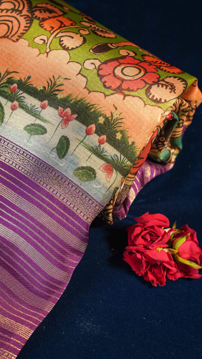 "UTSAV BANARAS 142" Banarasi Forest Green Digital Print Tissue Silk Saree