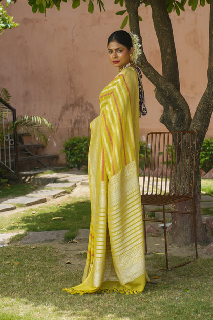 Lemon Yellow Pure Khaddi Georgette Banarasi Saree