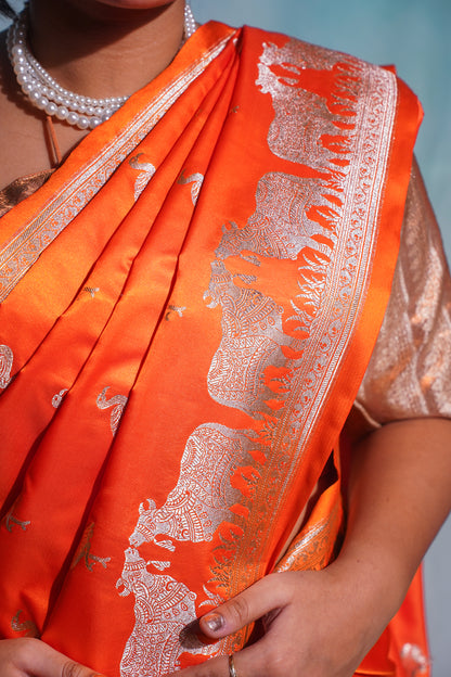 "Waah Banaras 096" Banarasi Soft Mashru Silk Saree With Nandi Buta Shikargah 100% Pure Vegan