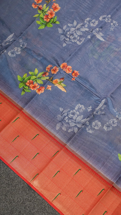 "UTSAV BANARAS 145" Banarasi Ocean Blue Digital Print Paithani Silk Saree