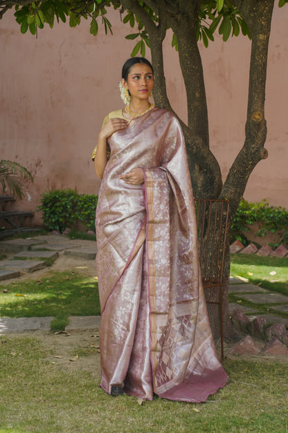 Onion Pink Pure Tissue Silk Banarasi Handwoven Saree