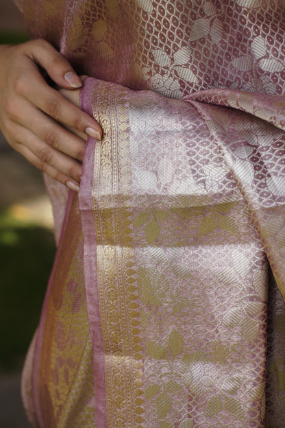 Onion Pink Pure Tissue Silk Banarasi Handwoven Saree