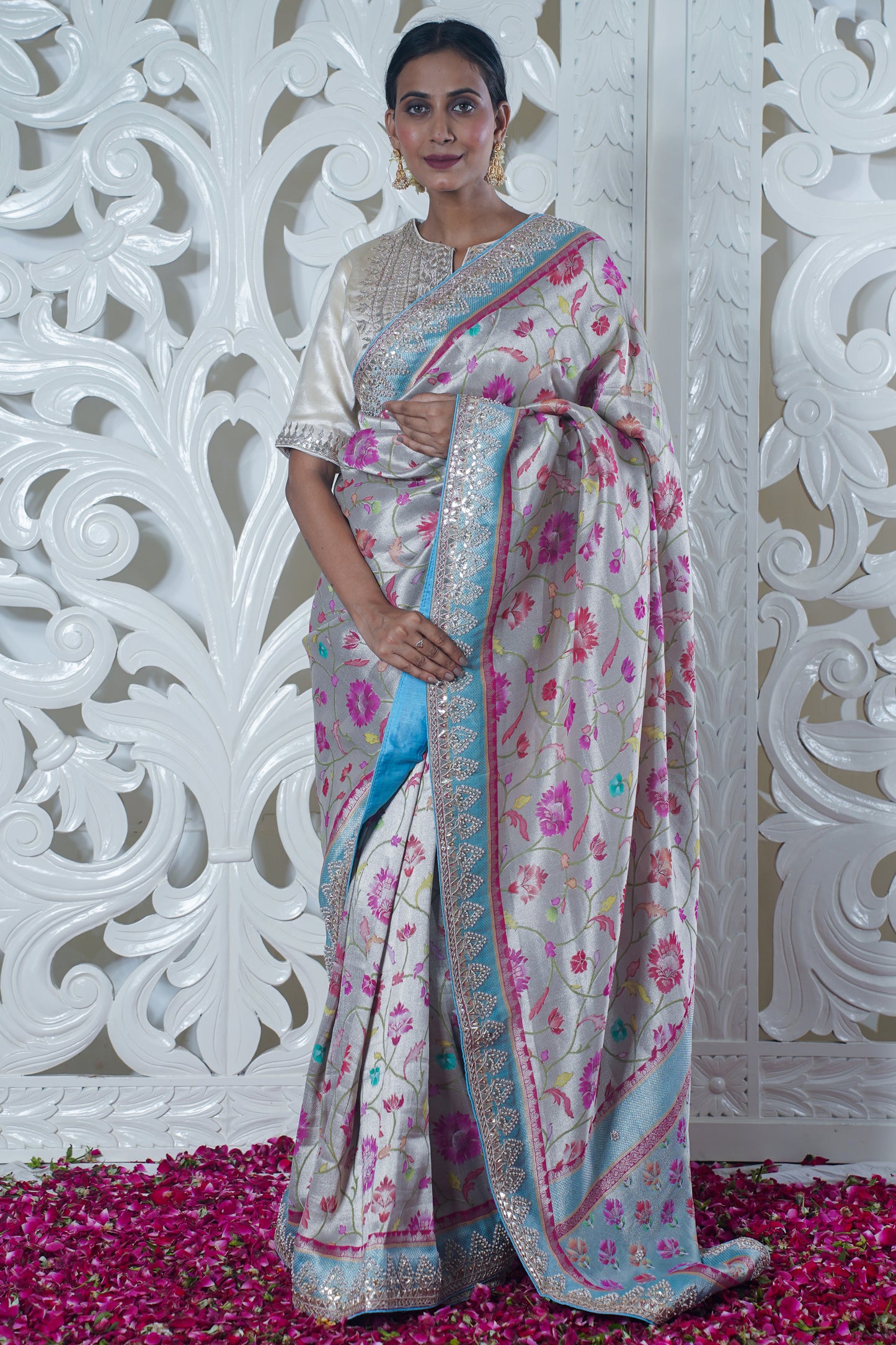 Off-white Pure katan silk saree with border (Embroidery work)