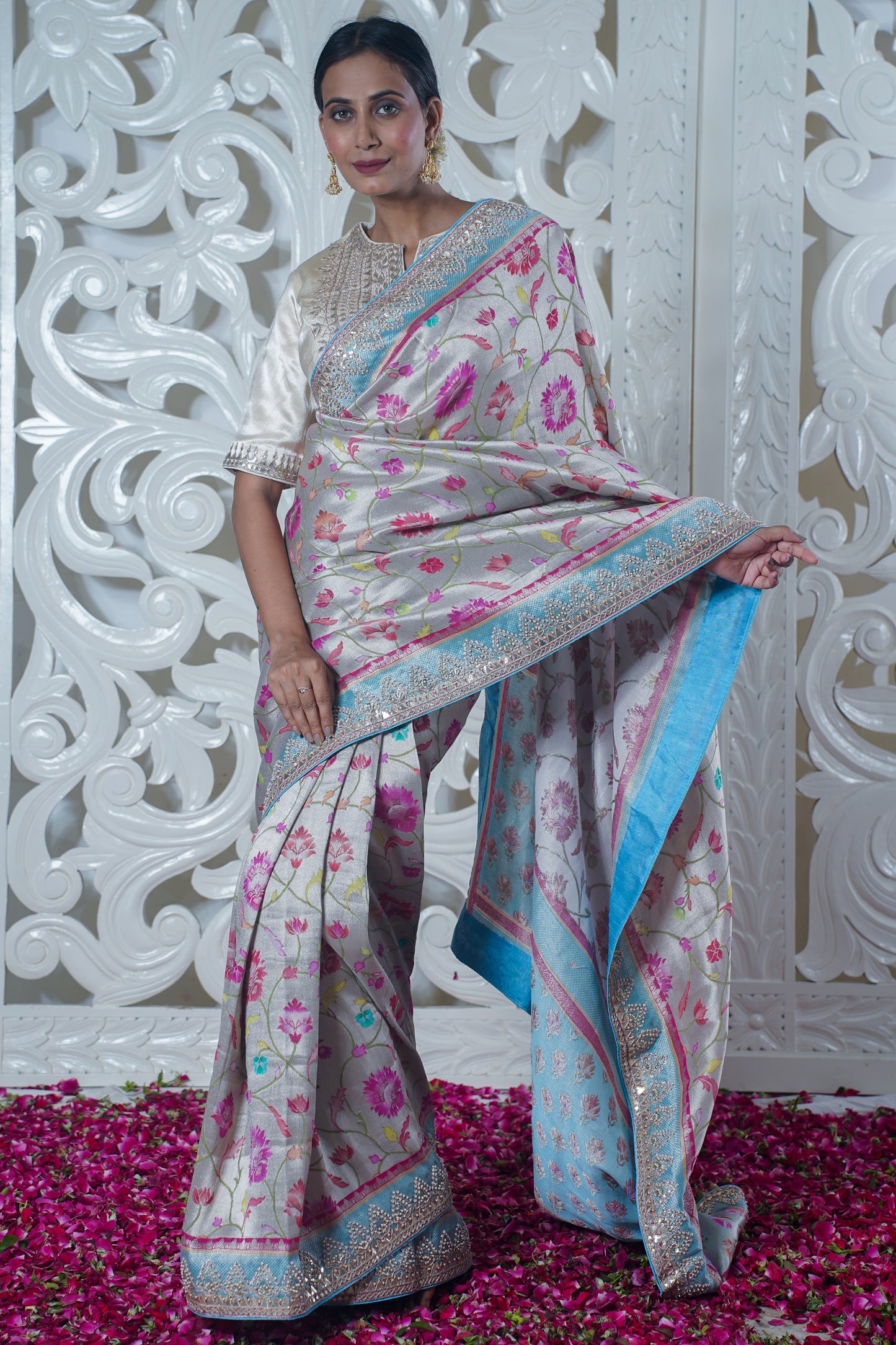 Off-white Pure katan silk saree with border (Embroidery work)