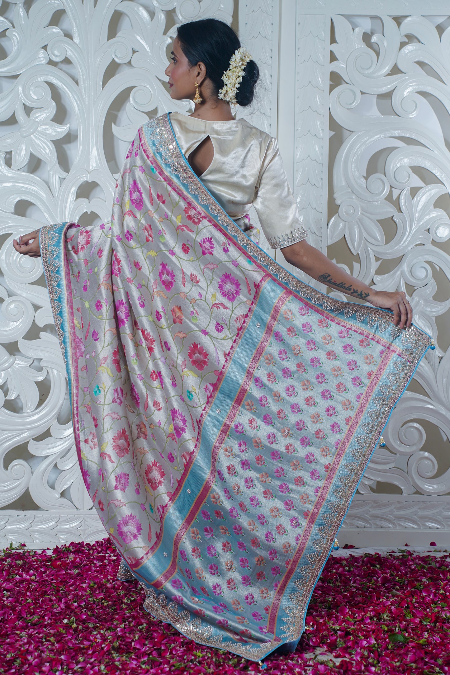 Off-white Pure katan silk saree with border (Embroidery work)