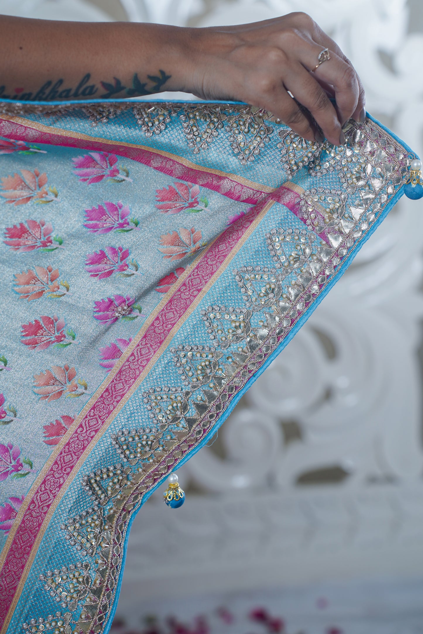 Off-white Pure katan silk saree with border (Embroidery work)