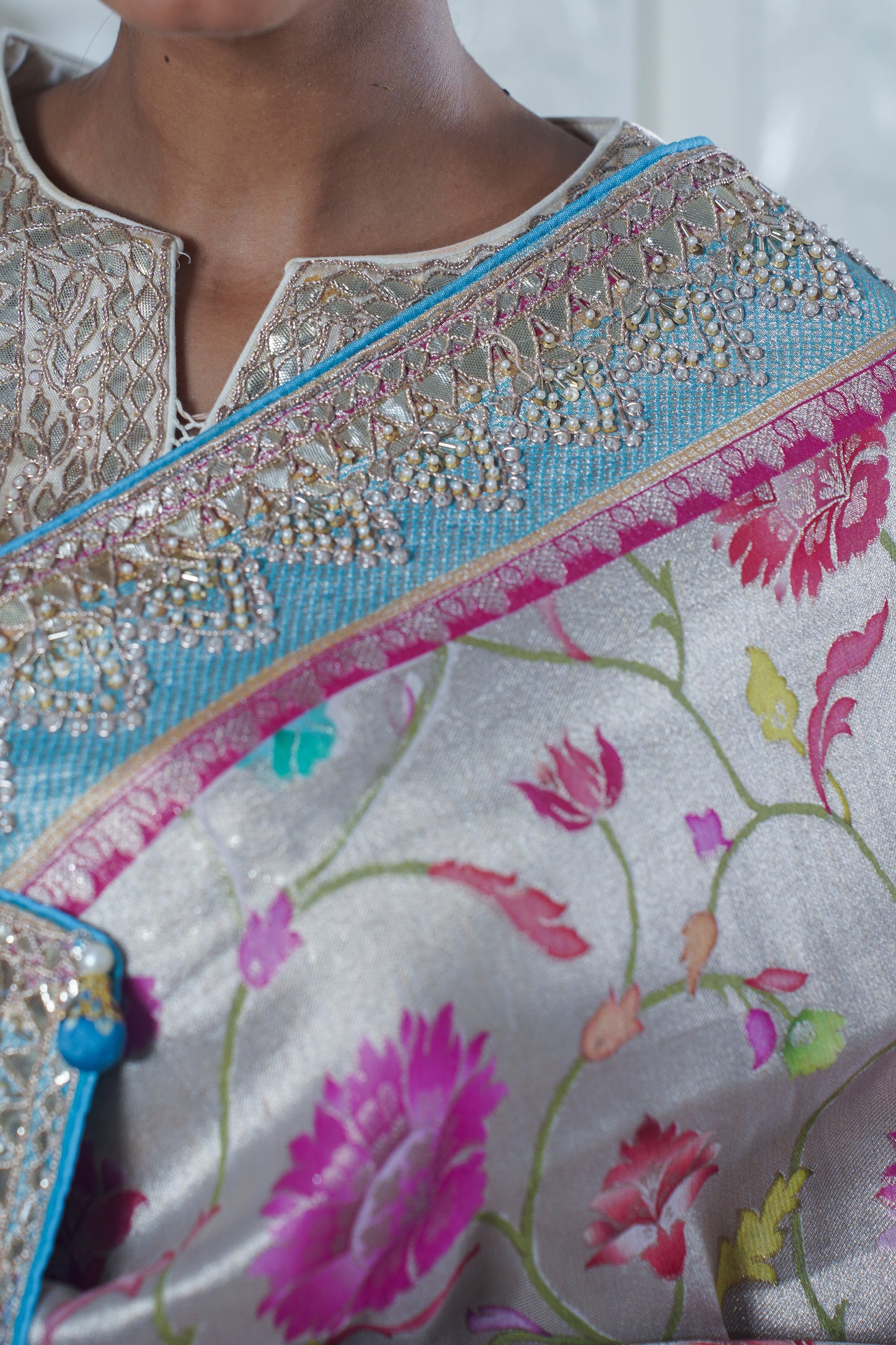 Off-white Pure katan silk saree with border (Embroidery work)