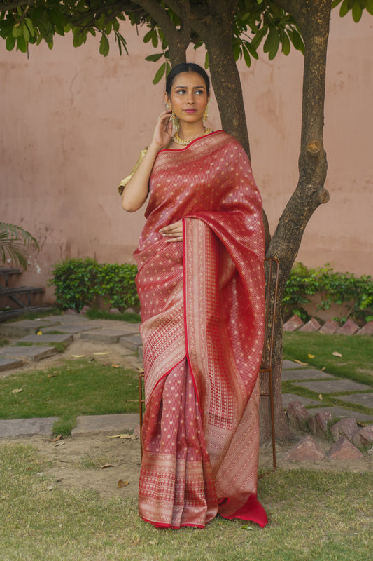 Handwoven Red Banarasi Organza Silk Saree