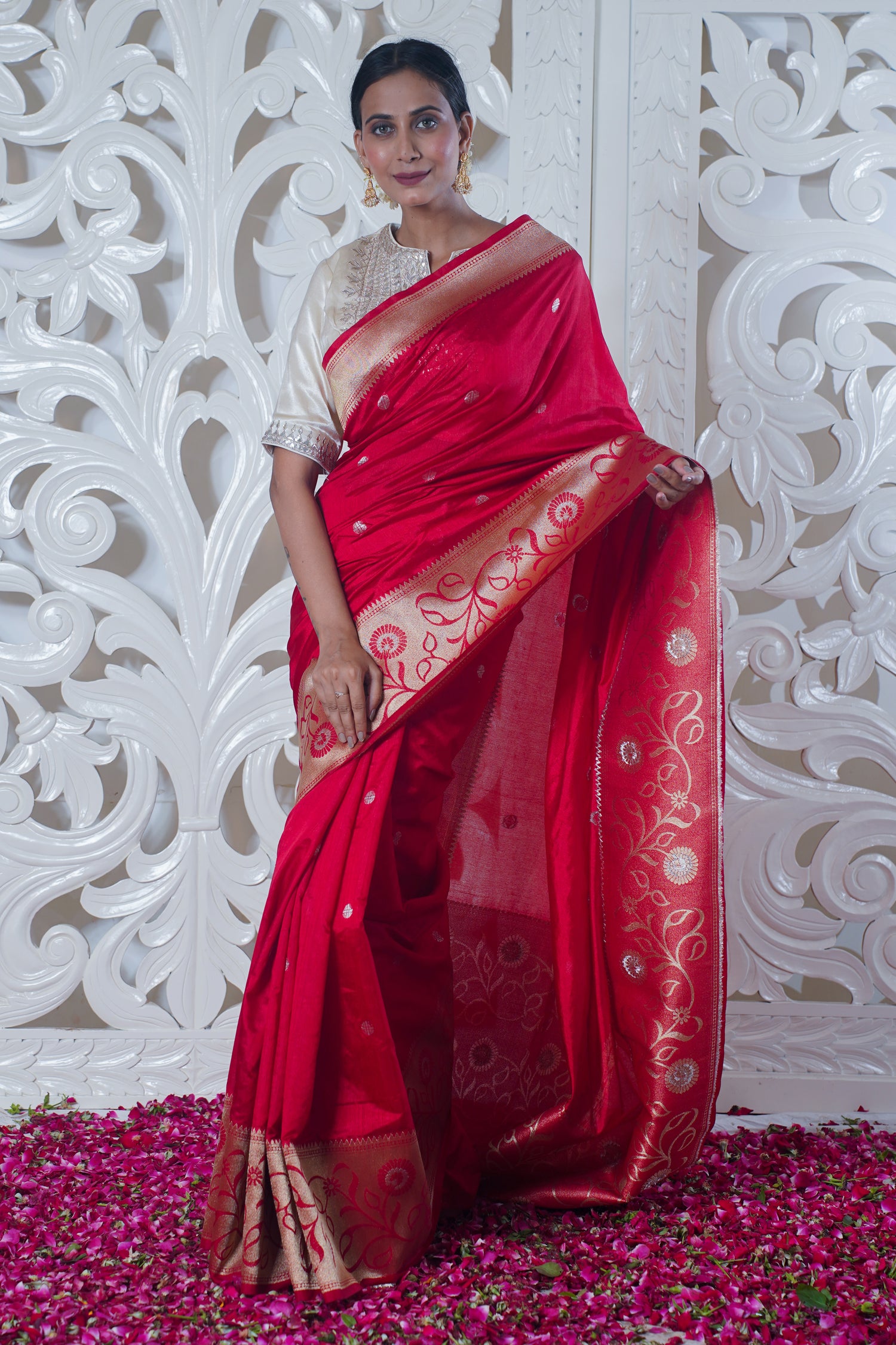 UTSAV BANARAS 047: Pure Red Katan Silk Saree With Kadiyal Border