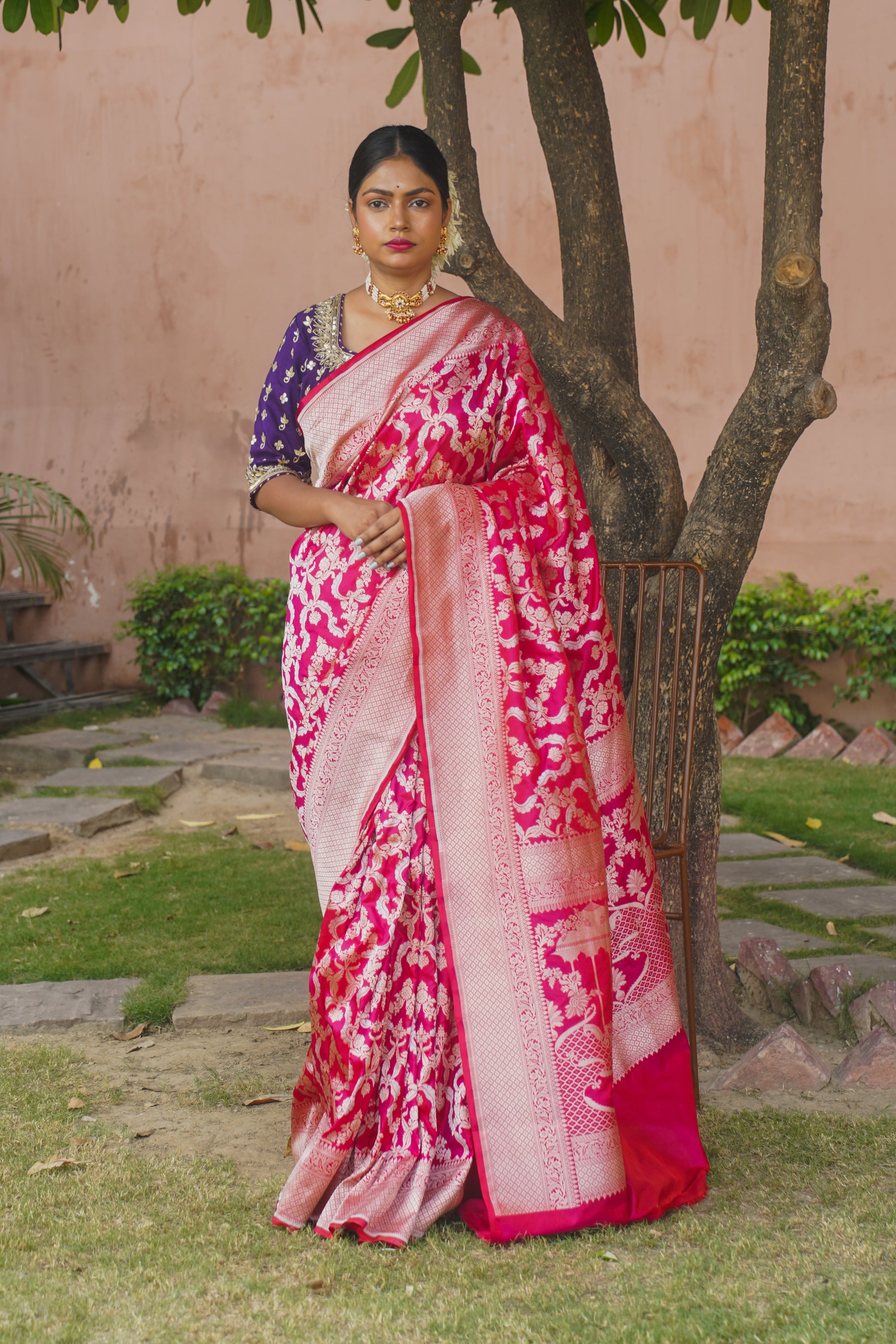 Dark Pink Pure Katan Silk Banarasi Handloom Saree Tagged "Kadwa"