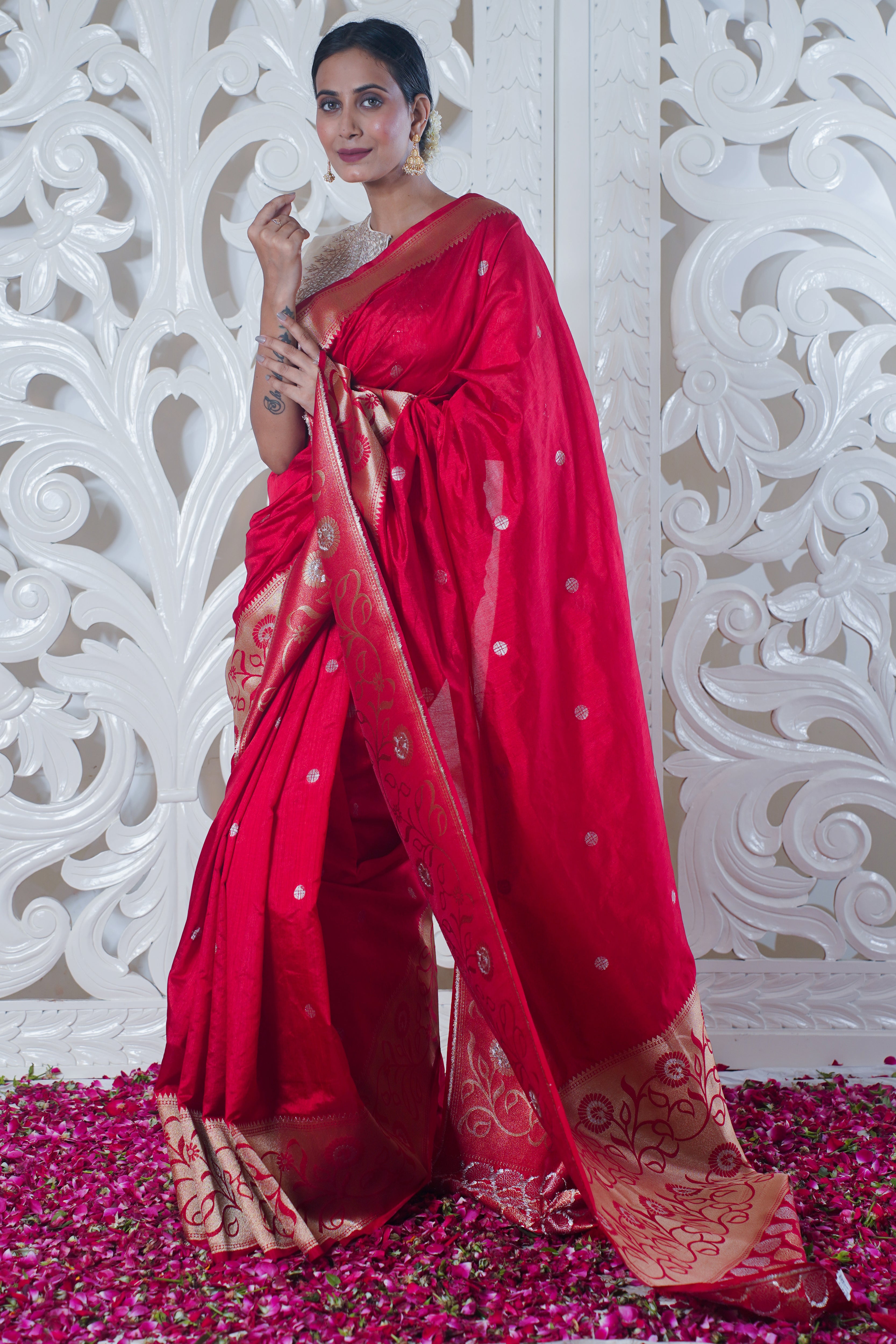 UTSAV BANARAS 047: Pure Red Katan Silk Saree With Kadiyal Border