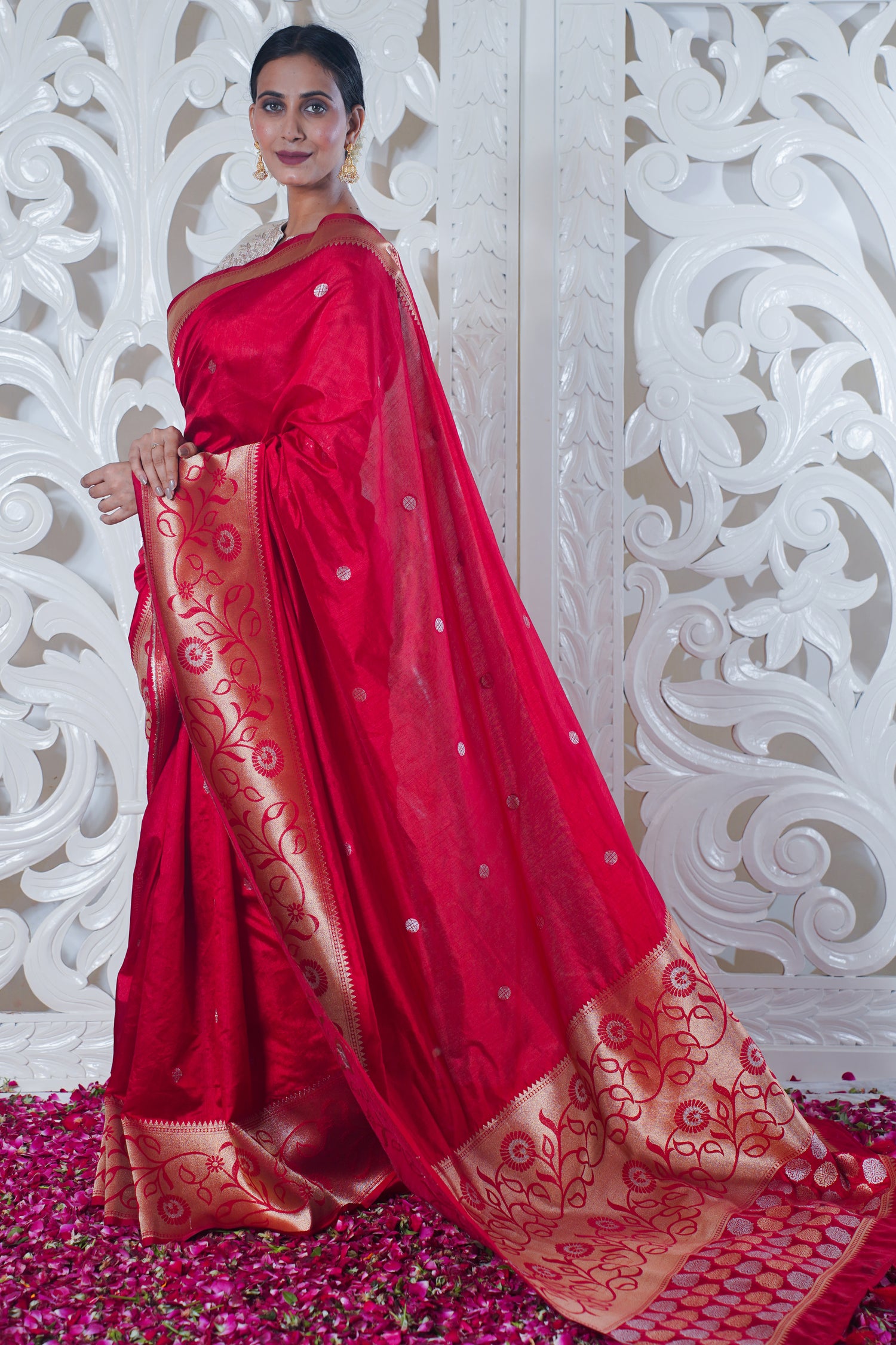 UTSAV BANARAS 047: Pure Red Katan Silk Saree With Kadiyal Border