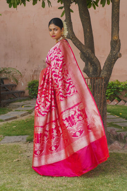 Dark Pink Pure Katan Silk Banarasi Handloom Saree Tagged "Kadwa"