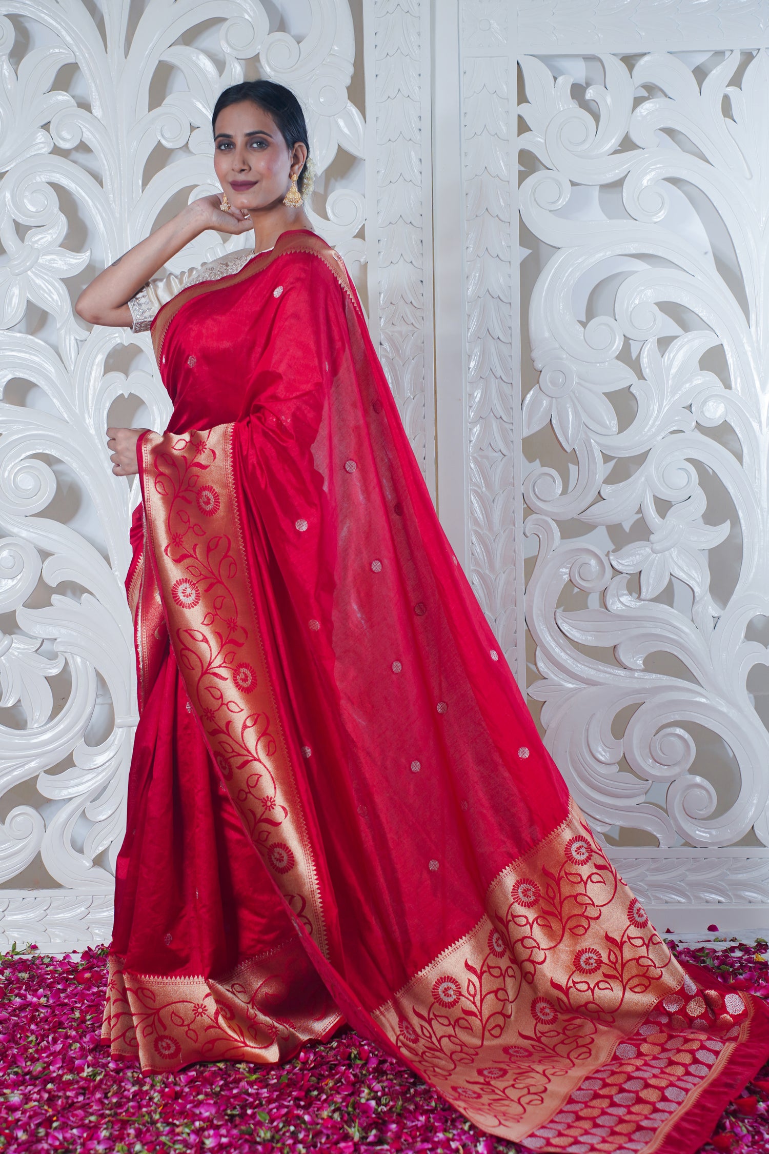 UTSAV BANARAS 047: Pure Red Katan Silk Saree With Kadiyal Border