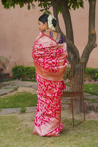 Dark Pink Pure Katan Silk Banarasi Handloom Saree Tagged "Kadwa"
