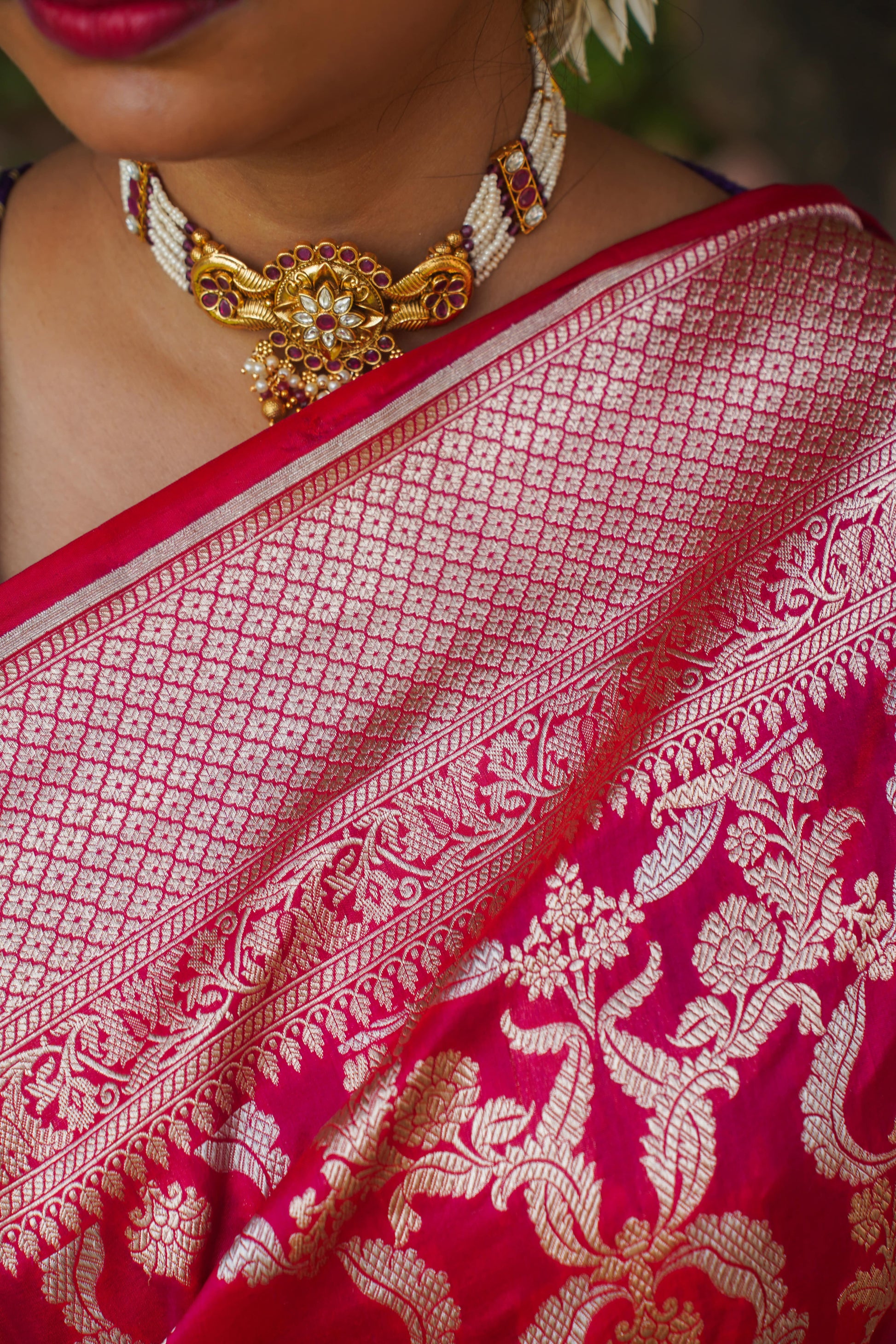 Dark Pink Pure Katan Silk Banarasi Handloom Saree Tagged "Kadwa"