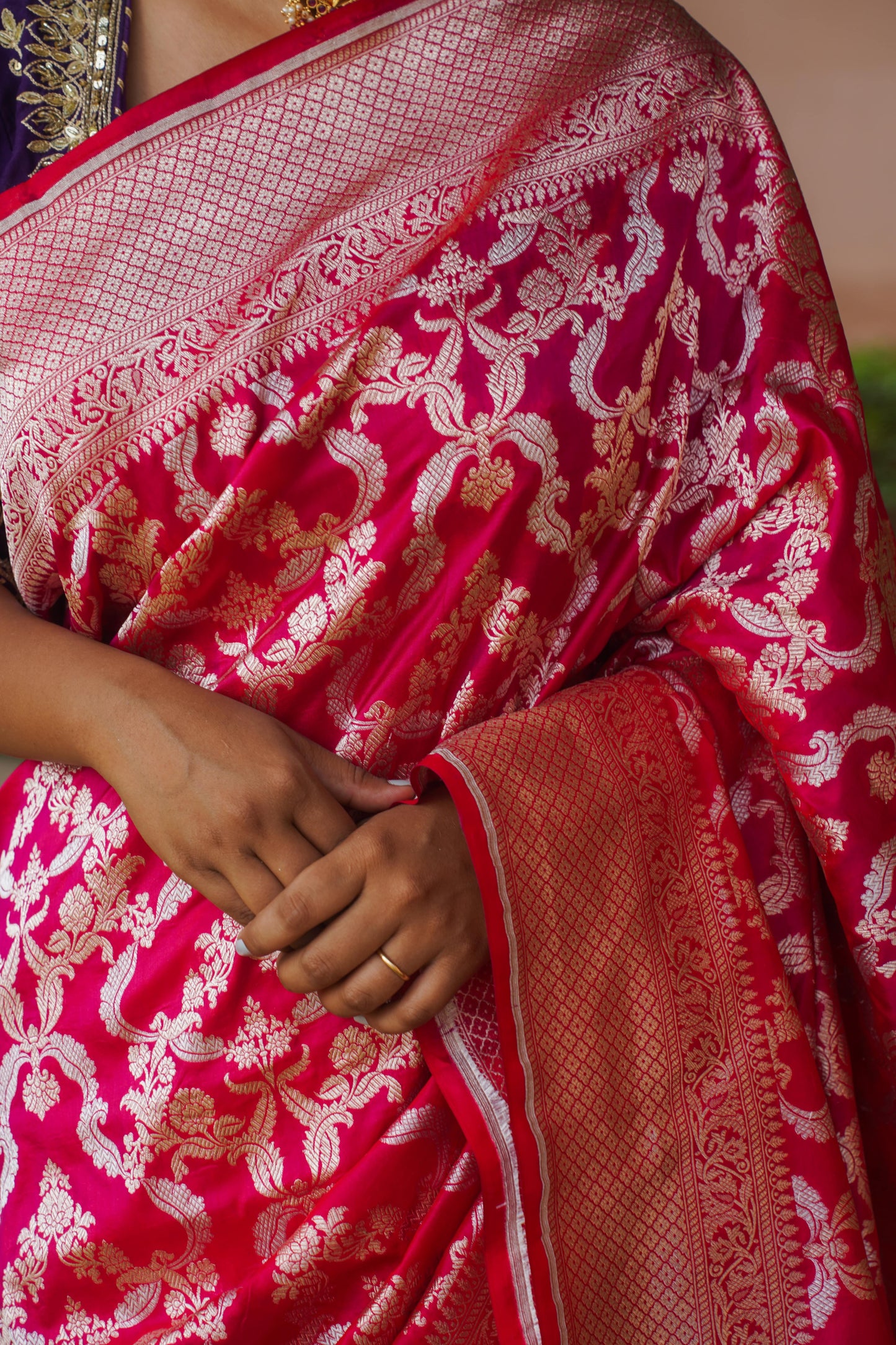 Dark Pink Pure Katan Silk Banarasi Handloom Saree Tagged "Kadwa"