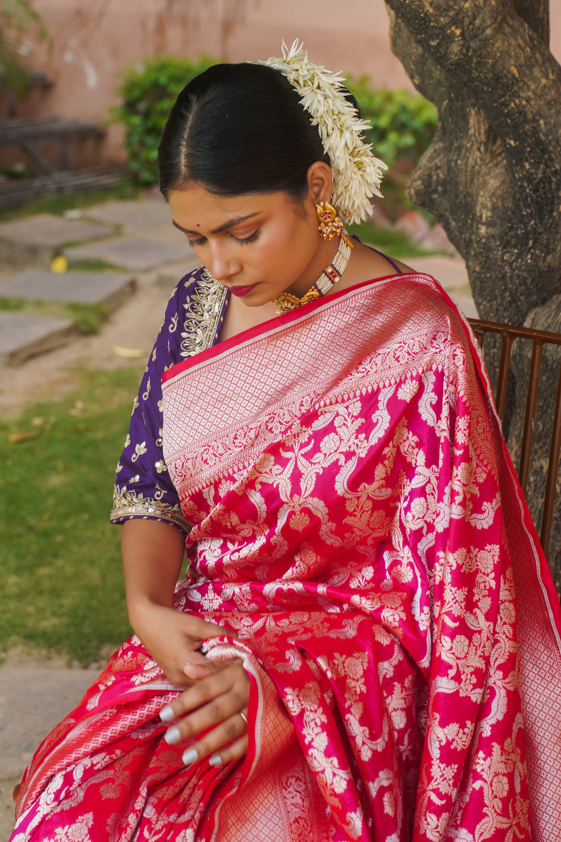 Dark Pink Pure Katan Silk Banarasi Handloom Saree Tagged "Kadwa"