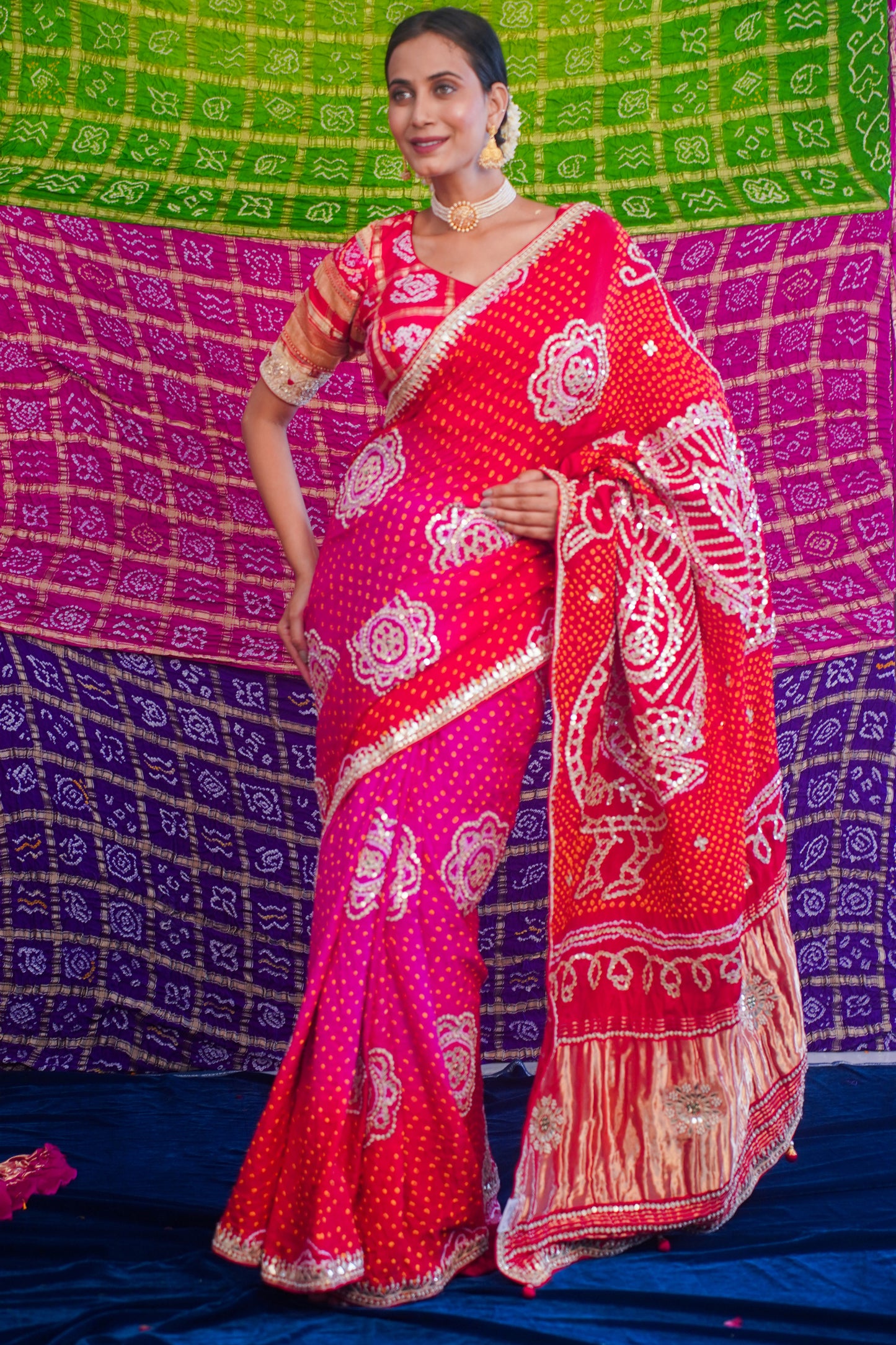 Red pure Bandhej silk saree( mirror work)