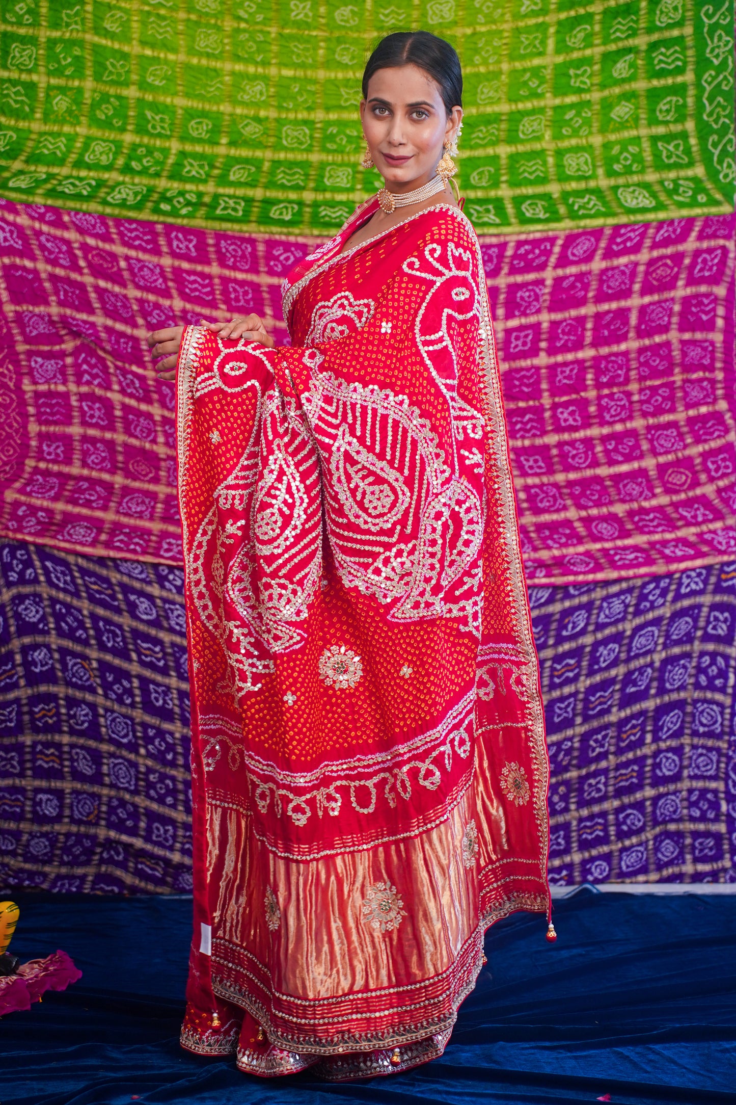 Red pure Bandhej silk saree( mirror work)