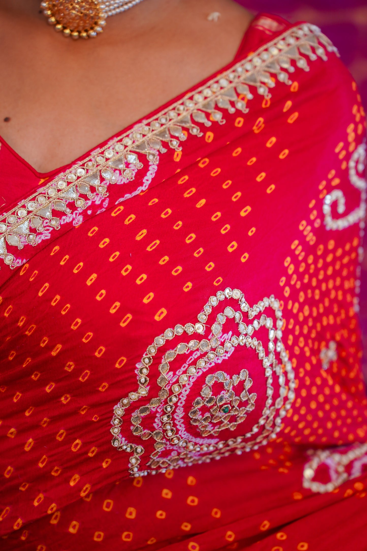 Red pure Bandhej silk saree( mirror work)