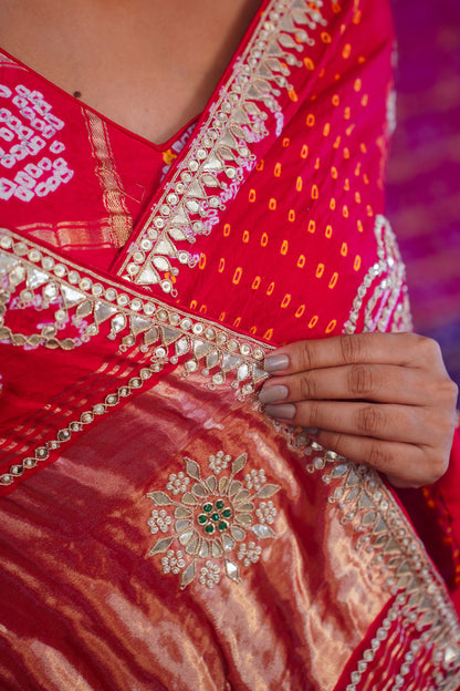 Red pure Bandhej silk saree( mirror work)