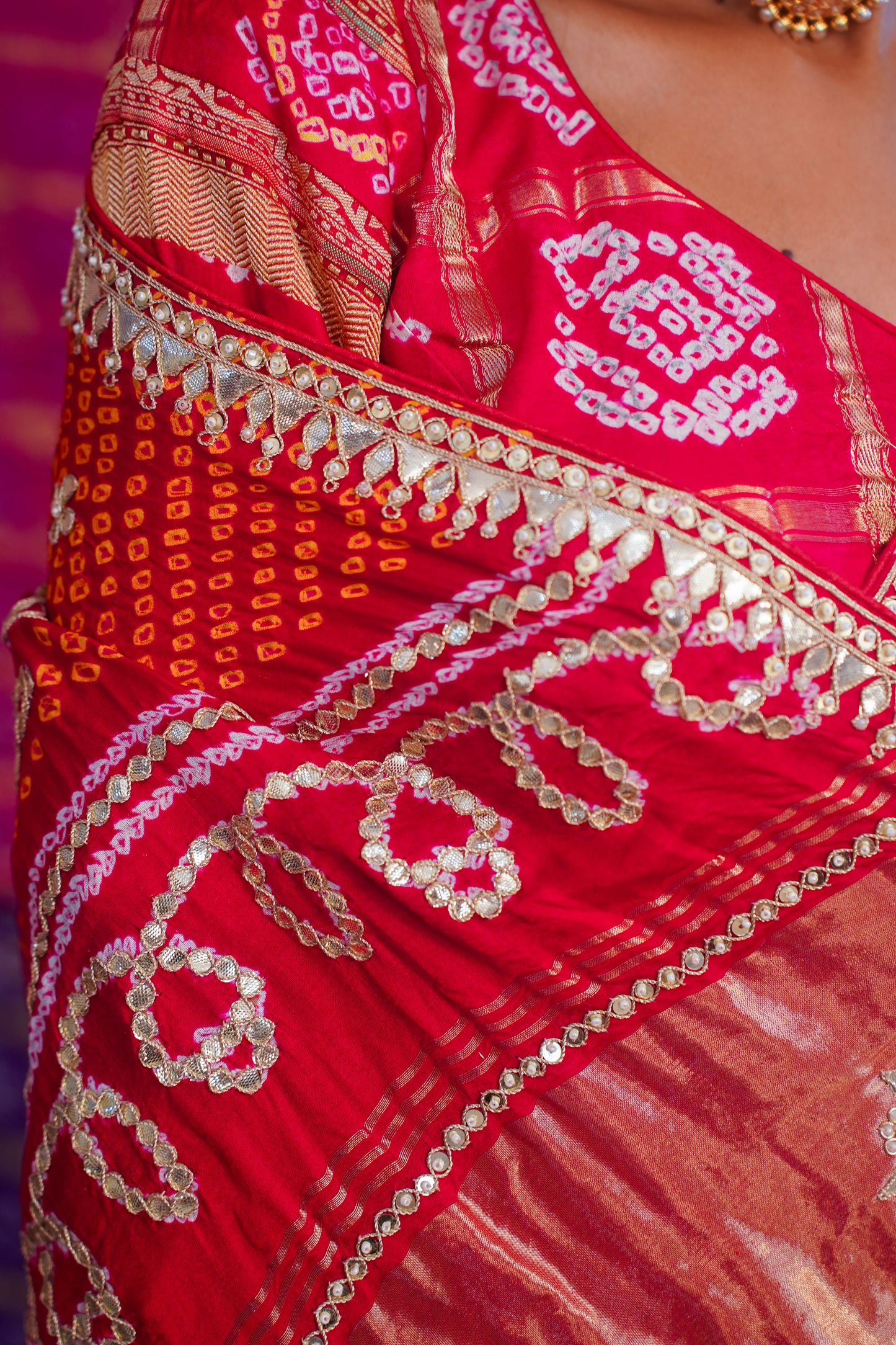 Red pure Bandhej silk saree( mirror work)