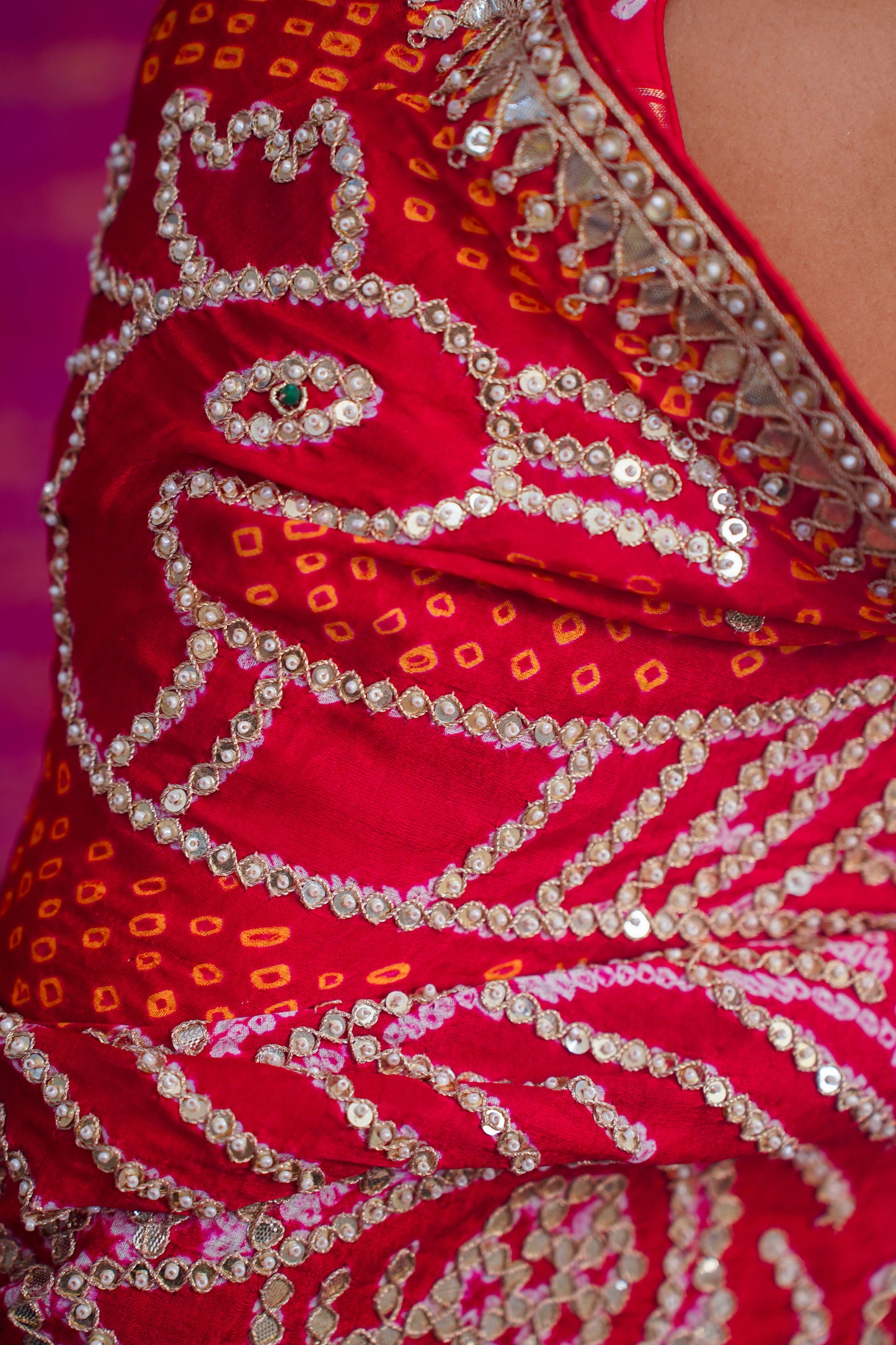 Red pure Bandhej silk saree( mirror work)