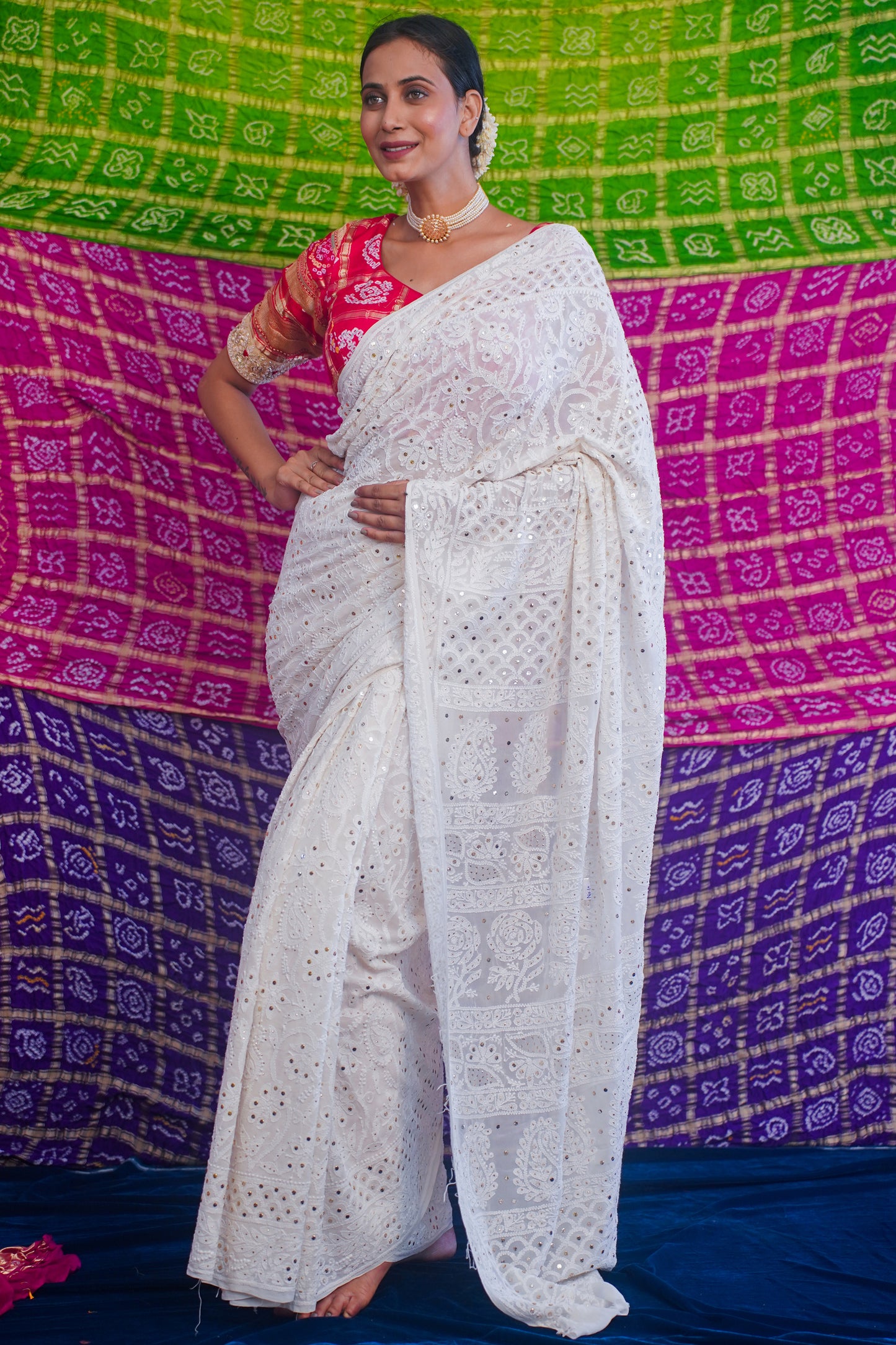 White pure silk saree chicken Kari work