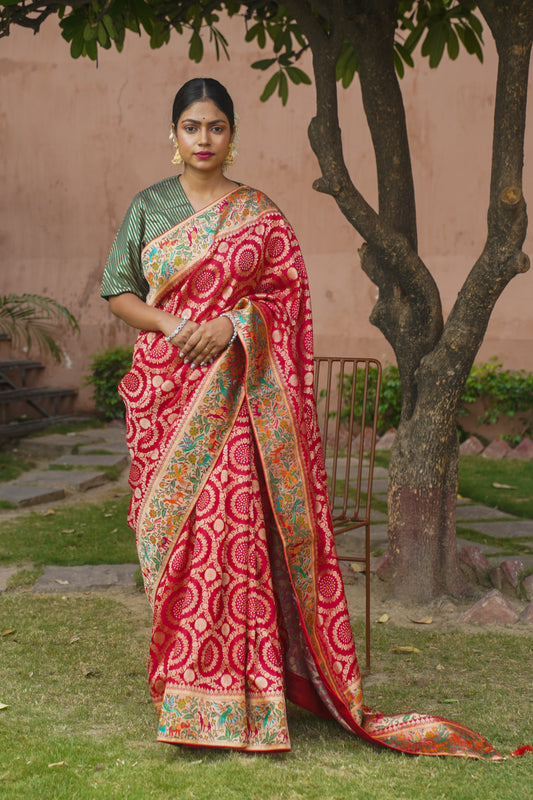 Red Banarasi Silk Saree With Digital Weaving