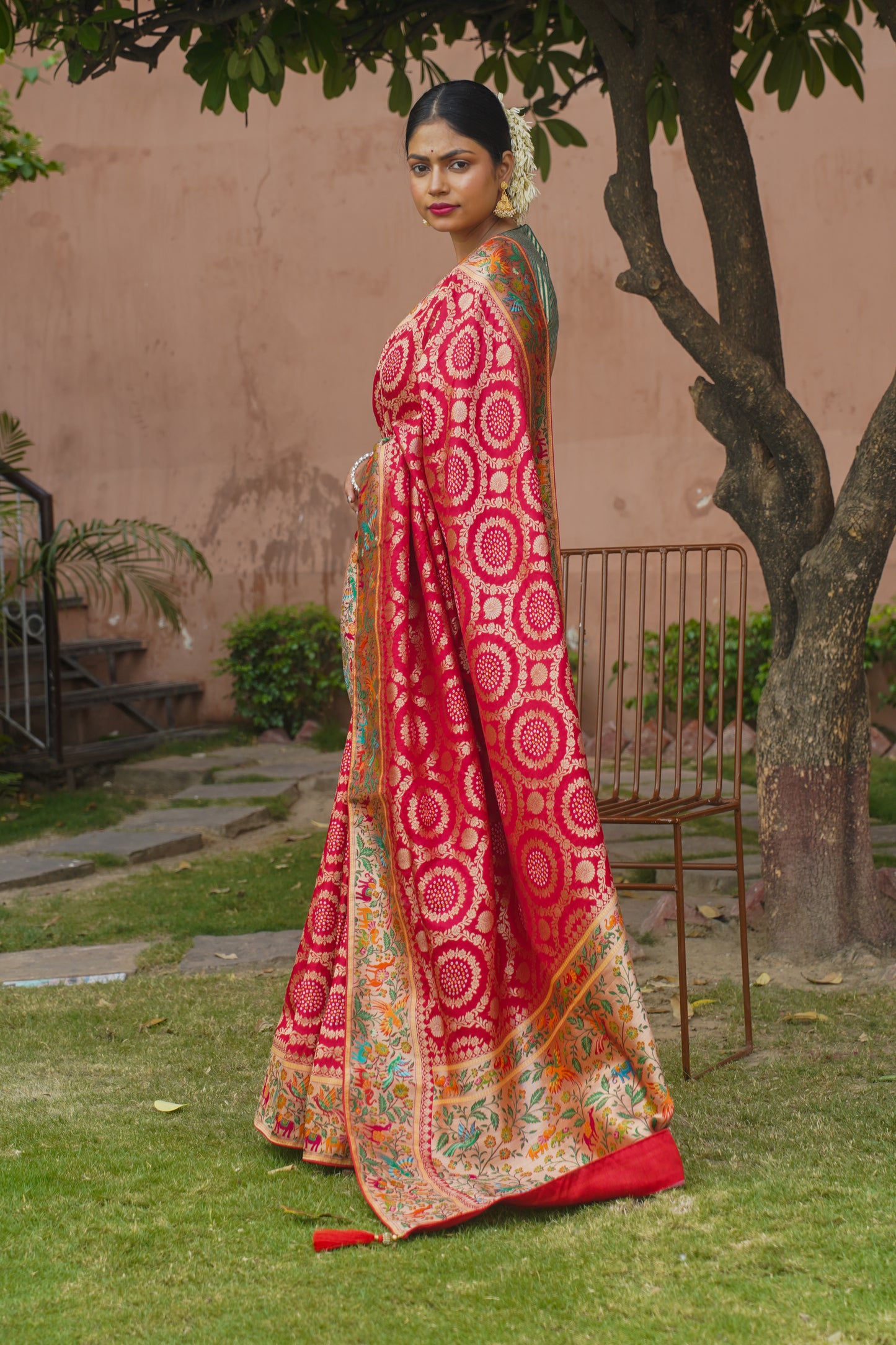 Red Banarasi Silk Saree With Digital Weaving