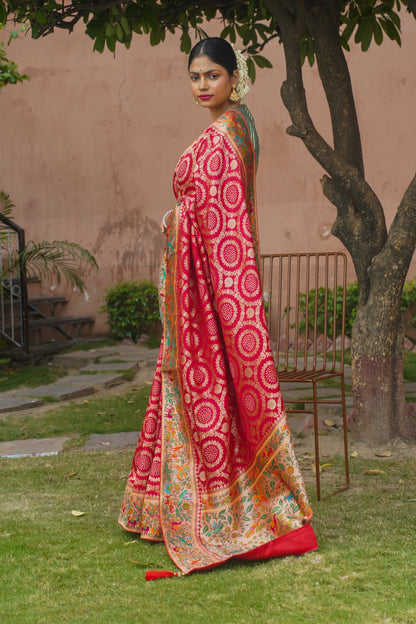 Red Banarasi Silk Saree With Digital Weaving