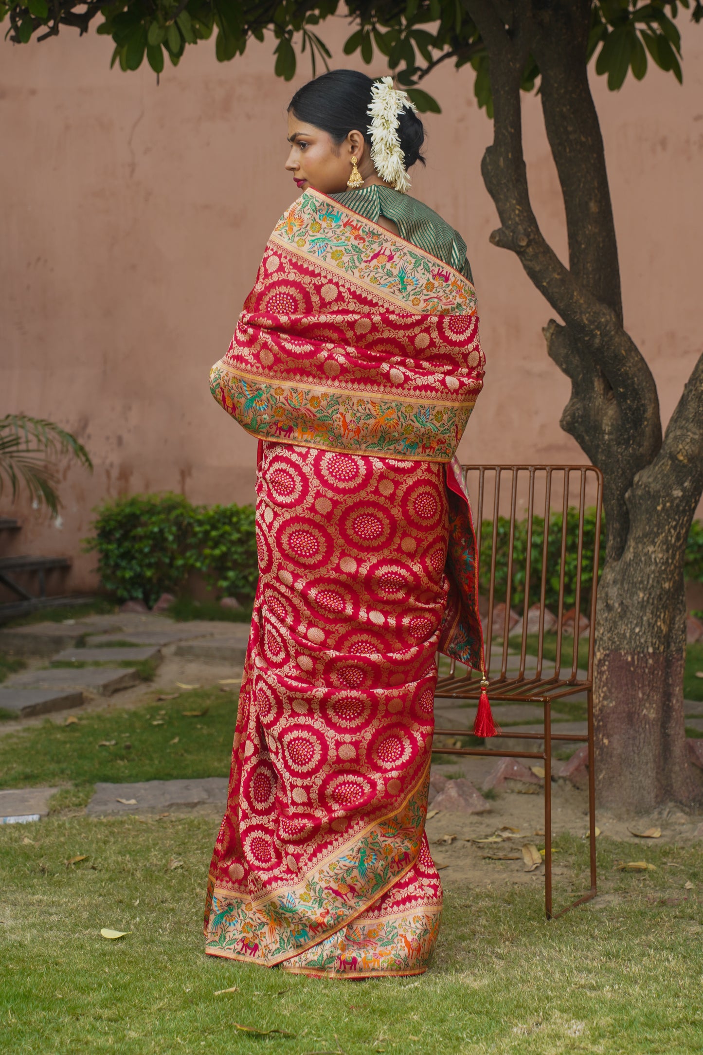 Red Banarasi Silk Saree With Digital Weaving