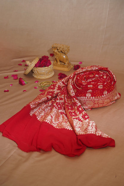 Red Pure Khaddi Bandhej Banarasi Handloom Saree