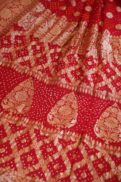 Red Pure Khaddi Bandhej Banarasi Handloom Saree