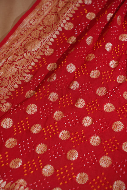 Red Pure Khaddi Bandhej Banarasi Handloom Saree