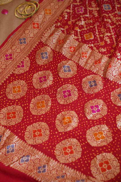 Red Pure Khaddi Bandhej Banarasi Handloom Saree