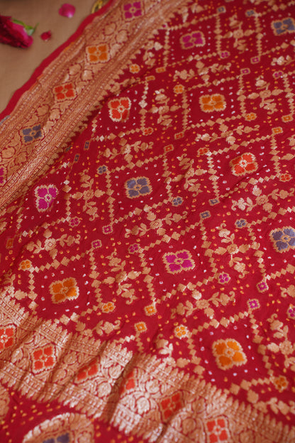 Red Pure Khaddi Bandhej Banarasi Handloom Saree