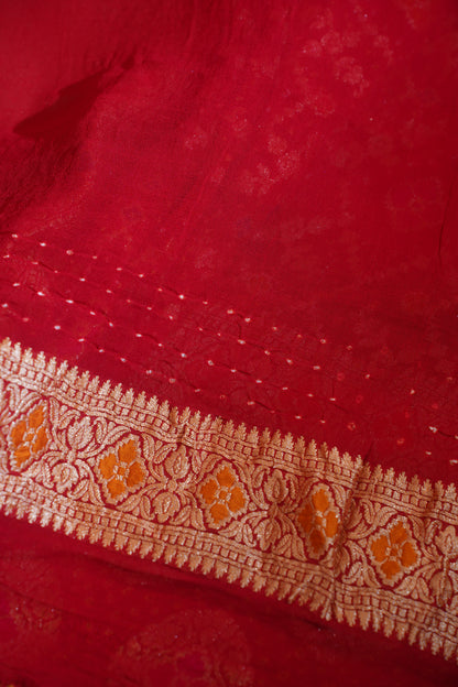 Red Pure Khaddi Bandhej Banarasi Handloom Saree