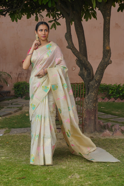 Off White Pure Tussar Cotton Banarasi Handwoven Saree