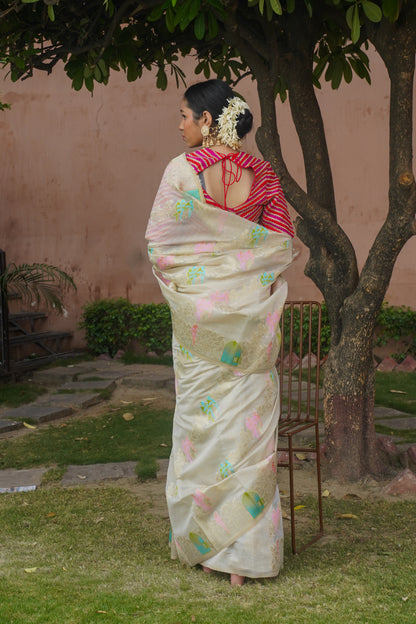 Off White Pure Tussar Cotton Banarasi Handwoven Saree