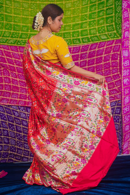 Red Pure Patola Silk Saree With paithani Border