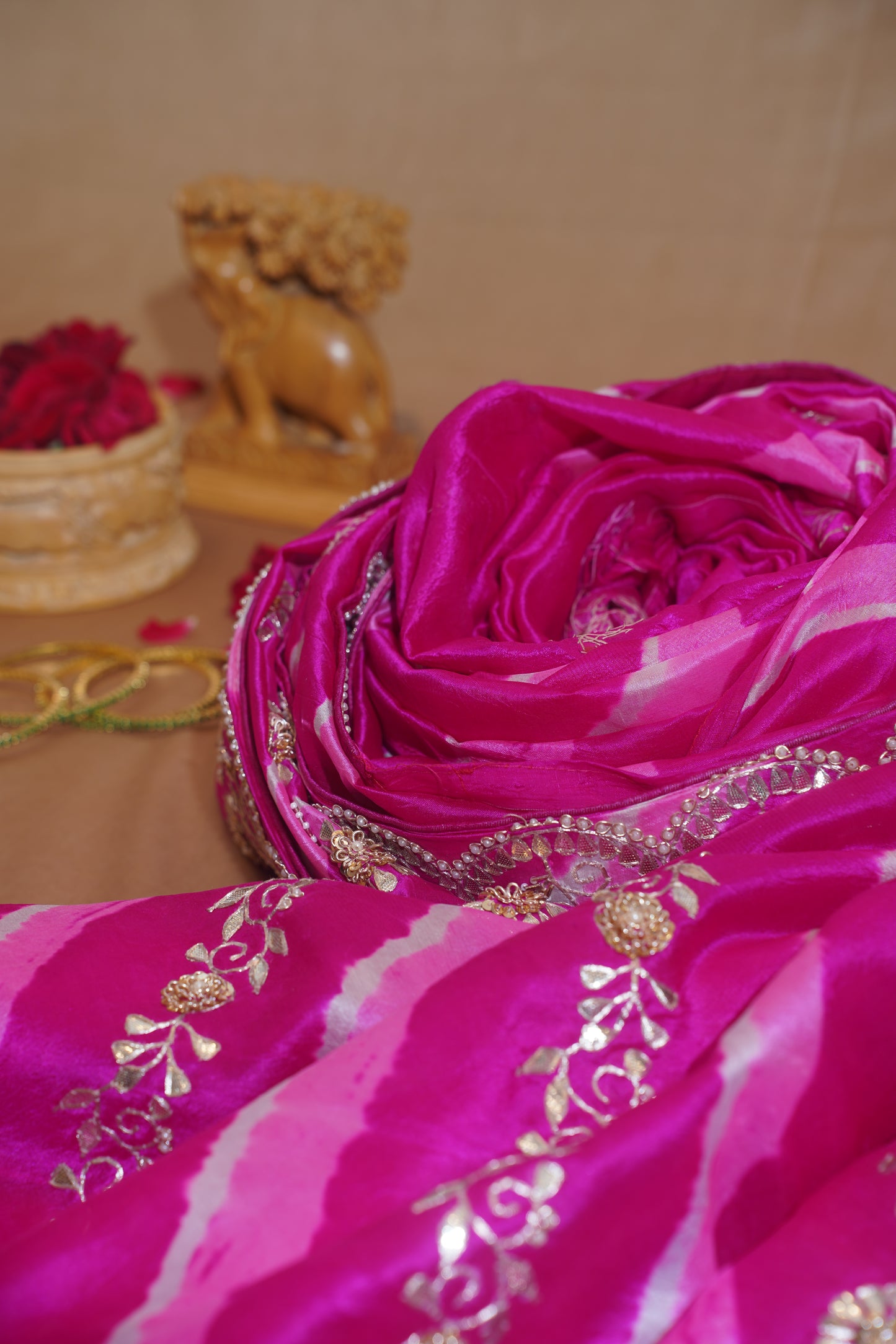 Dark Pink Pure Leheriya Bandhani Banarasi Handloom Saree With Danka Work