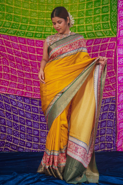 Yellow Natural Moonga Georgette Saree with Handloom Border