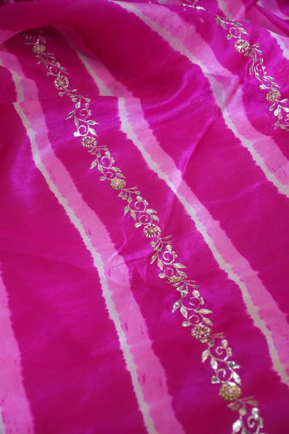 Dark Pink Pure Leheriya Bandhani Banarasi Handloom Saree With Danka Work