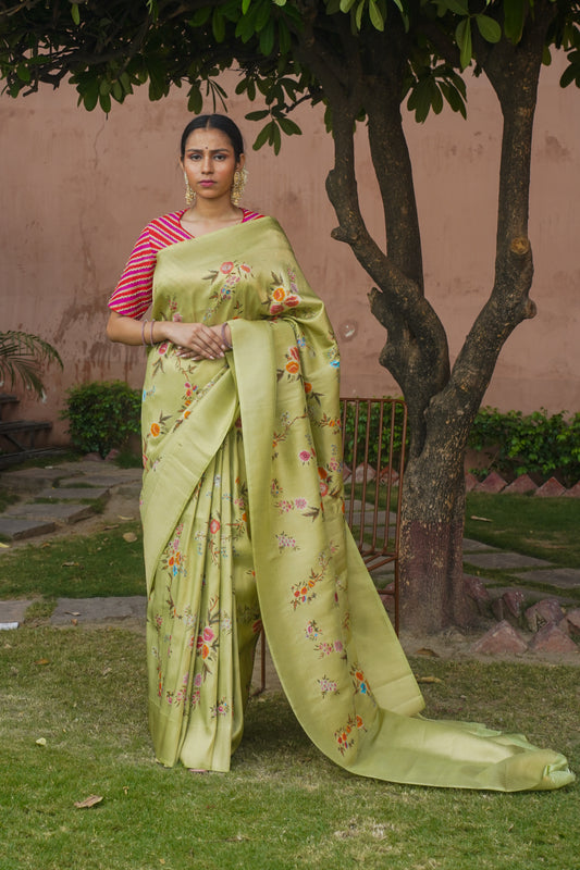 Pista Green Pure Soft Silk Banarasi Handwoven Saree