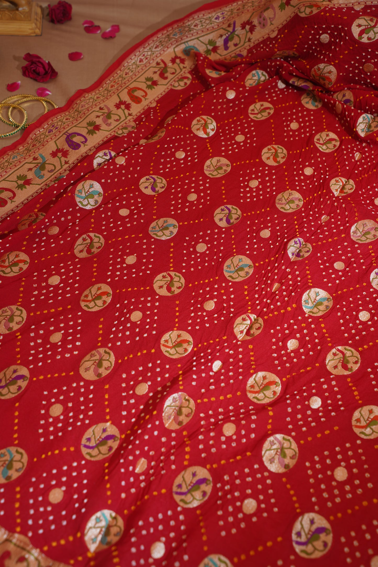 Red Pure Georgette Bandhej Banarasi Handloom Saree