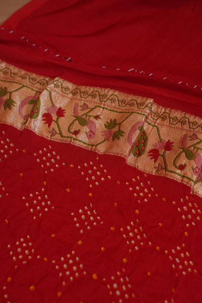 Red Pure Georgette Bandhej Banarasi Handloom Saree