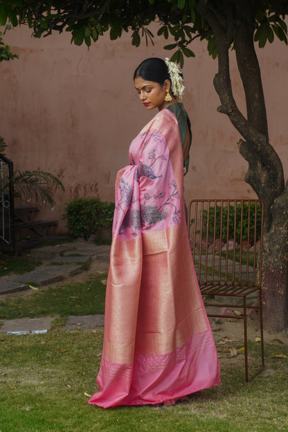 Baby Pink Pure Soft Silk Banarasi Handwoven Saree