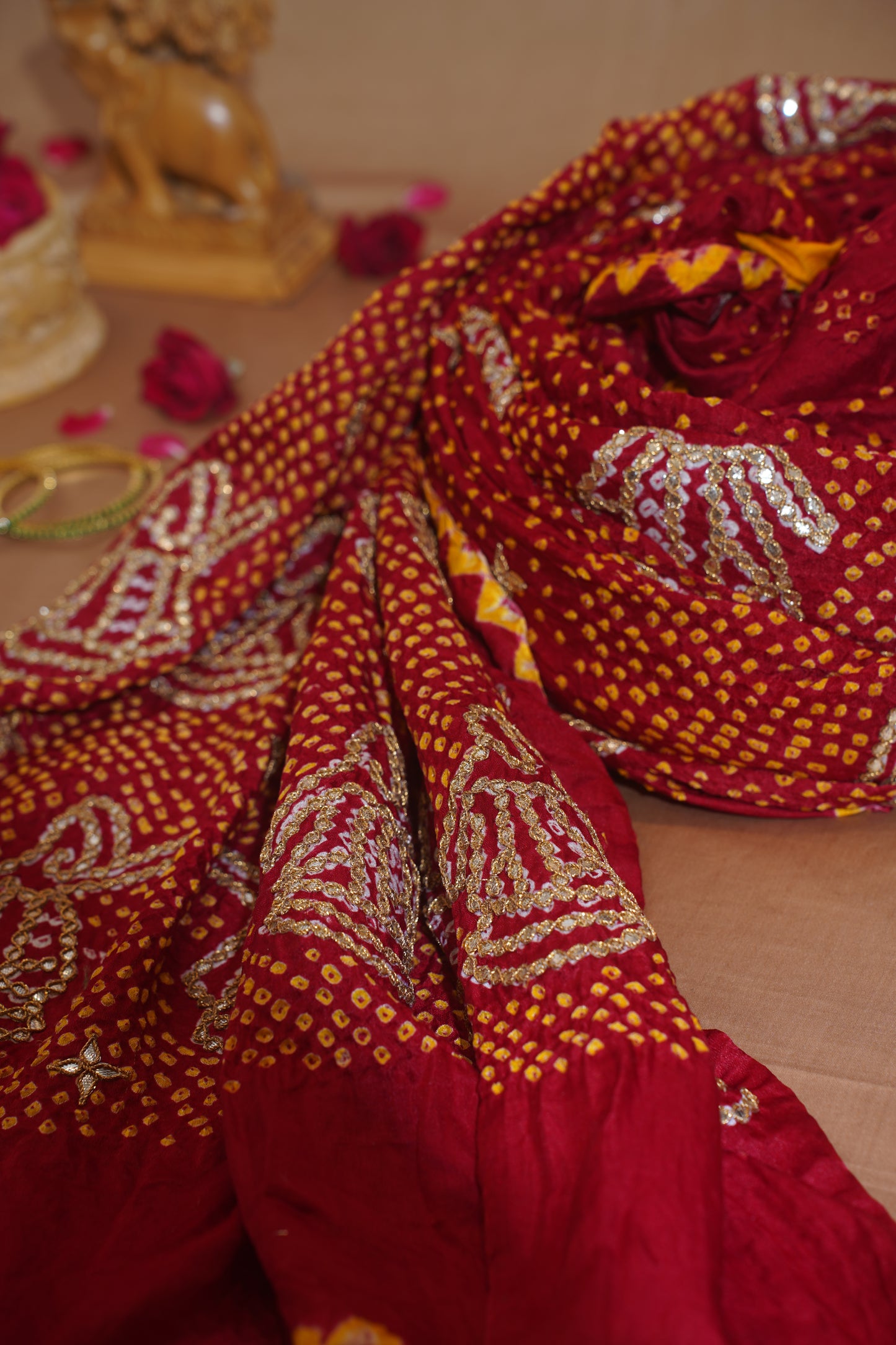 Maroon Pure Bandhej Banarasi Handloom Saree With Danka Gota Patti Work